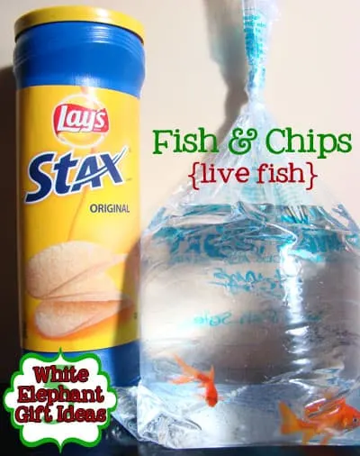 a can of chips and a bag of fish to depict fish and chips for a gag gift