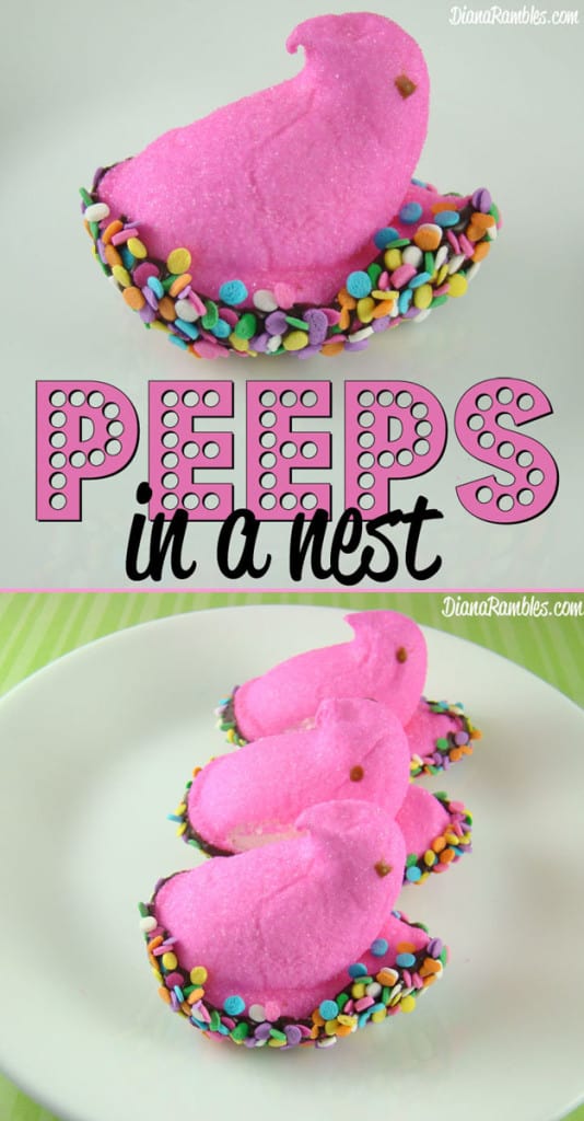 Peeps in a Nest Easter Treat - Need a fun hands on Easter treat? Have your kids help you made these Peeps in a Bird Nest with chocolate and sprinkles. They will disappear quickly!