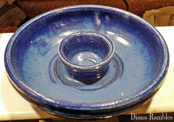 hand crafted blue ceramic chip and dip bowl