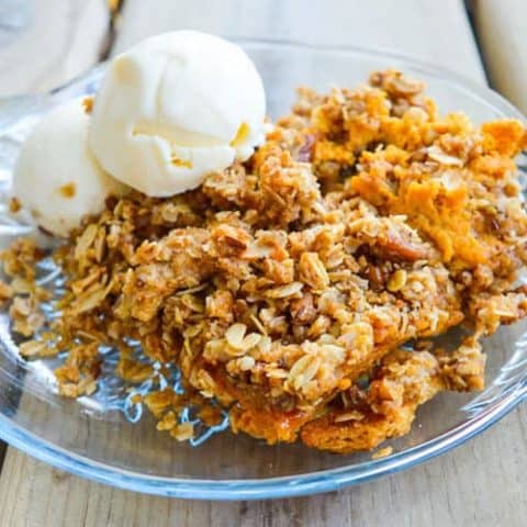 serving of pumpkin pie with crumble casserole dessert