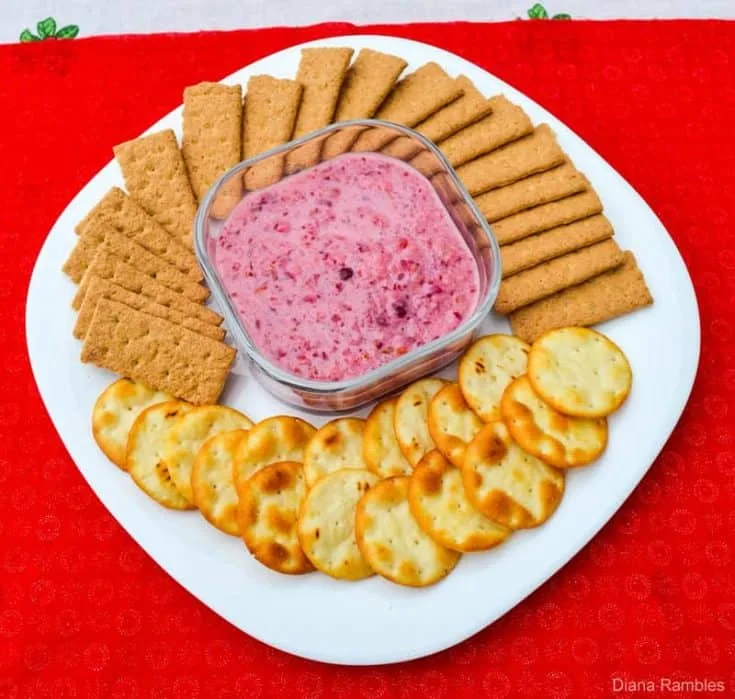 plate of crackers and cranberry dip
