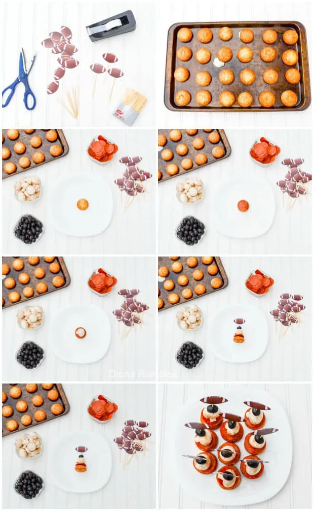 collage showing how to make pizza football bites