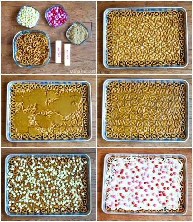 collage of how to make pretzel bark