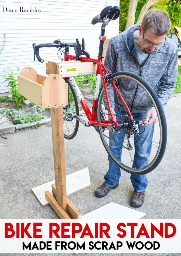 Make Your Own Bicycle Repair Stand Bike Tutorial - Learn how to make a bicycle repair stand out of wood scraps. This frugal project goes together quickly and will help you to make adjustments to your bike.