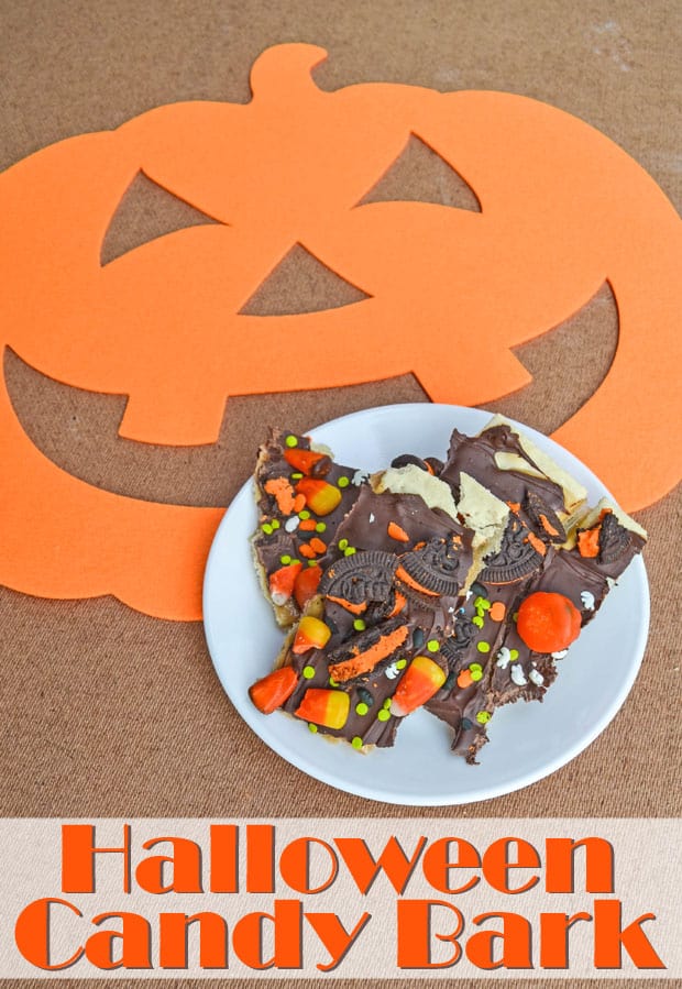 Halloween Candy Bark Recipe - Create this Halloween bark with crackers topped with toffee and chocolate.