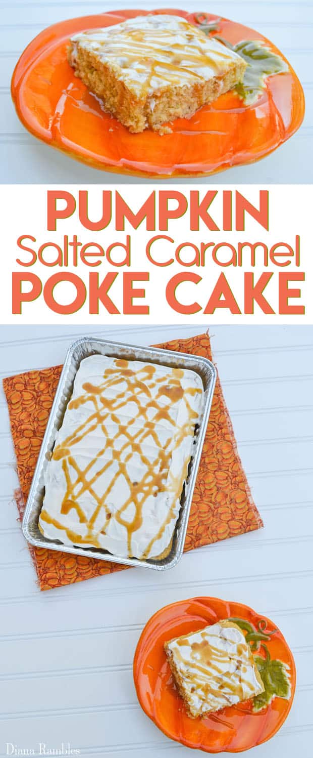 Pumpkin Salted Caramel Poke Cake - Try this easy pumpkin dessert made with a cake mix and salted caramel.
