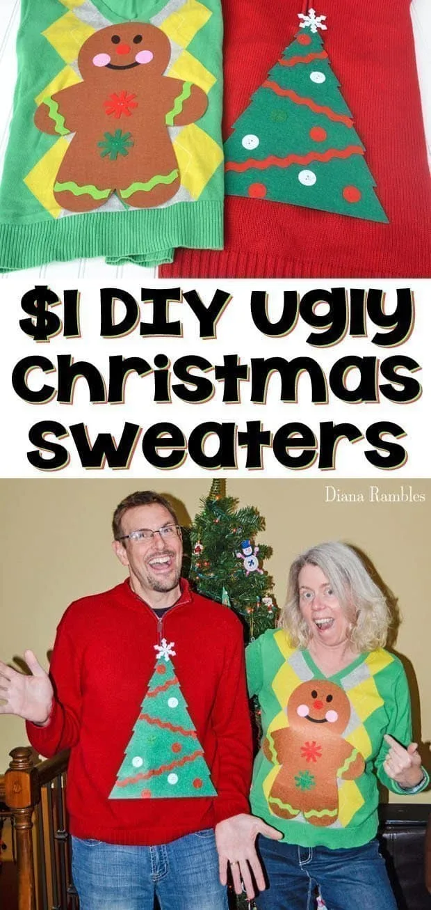 a silly couple wearing Ugly Christmas Sweaters