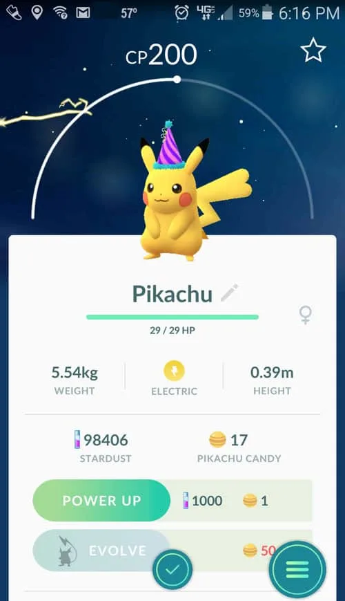 pikachu with a party hat in Pokemon Go