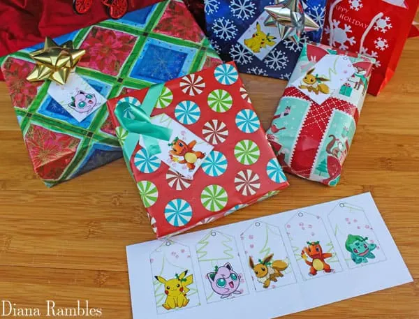 wrapped christmas gifts with pokemon tags