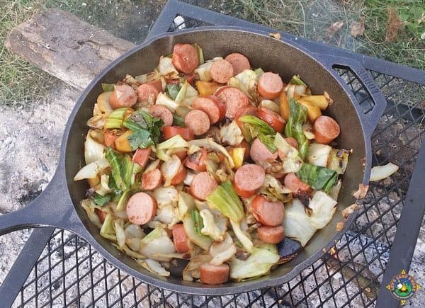 kielbasa and cabbage in a skillet