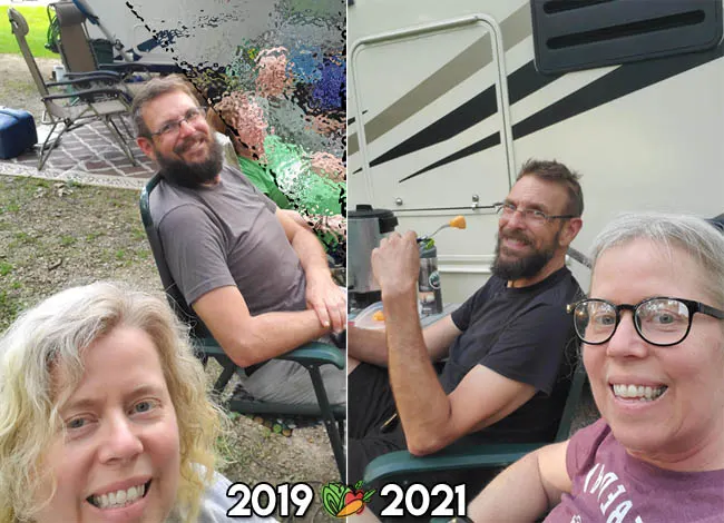 vegan before and after comparison of a camping couple