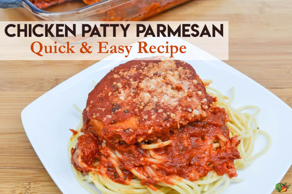 a plate of Chicken Parmesan made with Chicken Patties over spaghetti