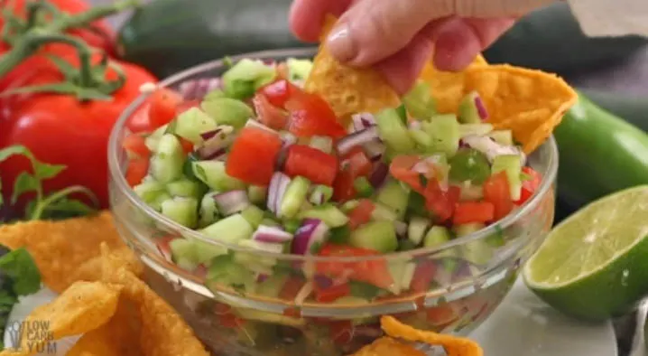 Fresh Cucumber Salsa in bowl with chips