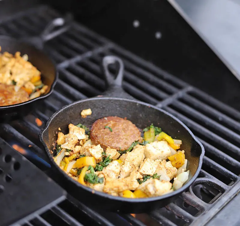 vegan cast iron breakfast skillets on a grill