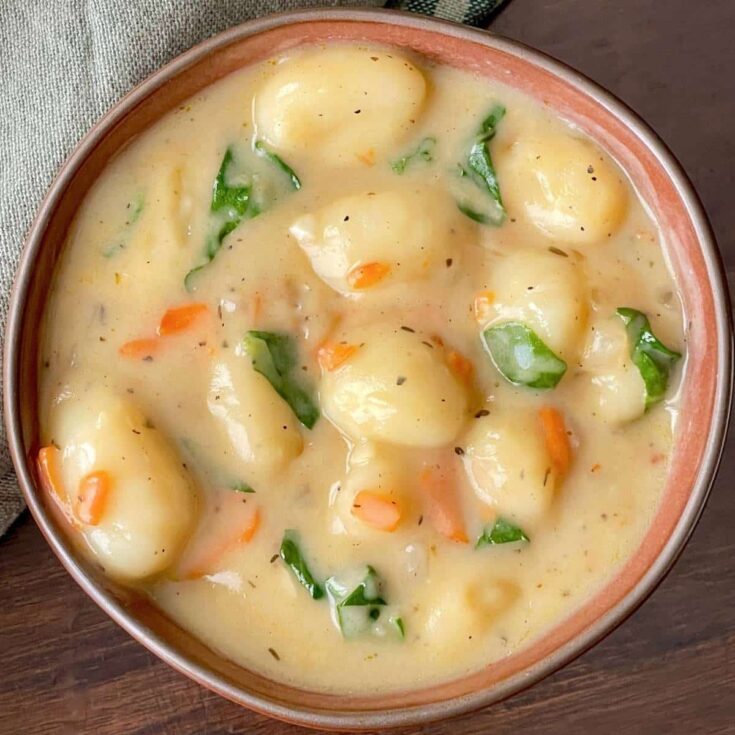 vegan gnocchi soup in a crock